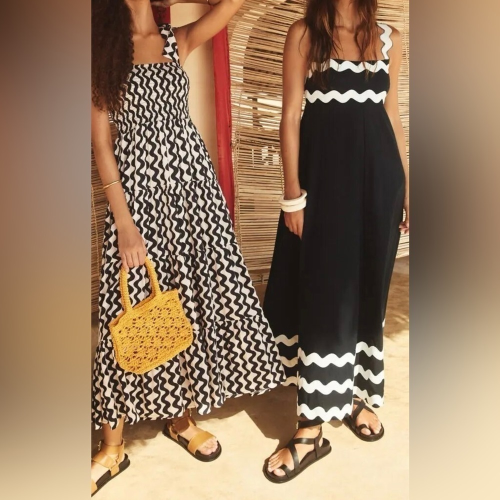 Classy Bohemian Black White Wavy Edge Sleeveless Long Maxi Dress - Picture 11 of 13